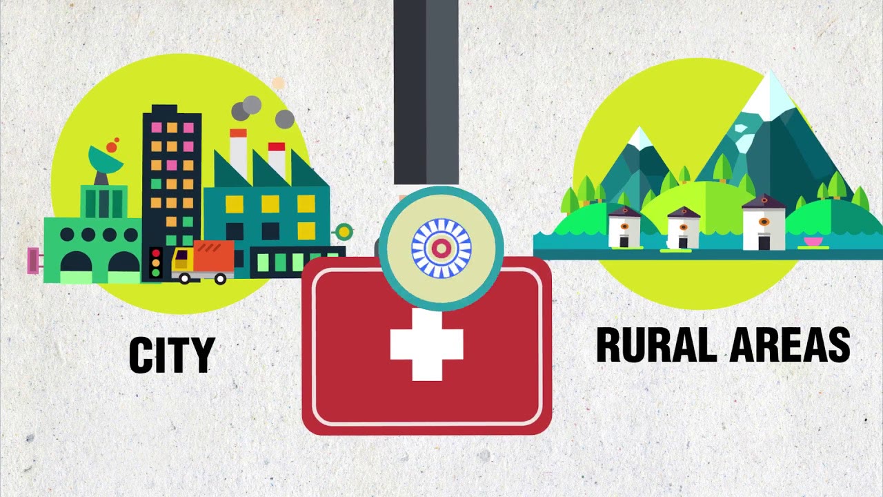 Illustration contrasting city and rural health infrastructure, from the NHRR explainer