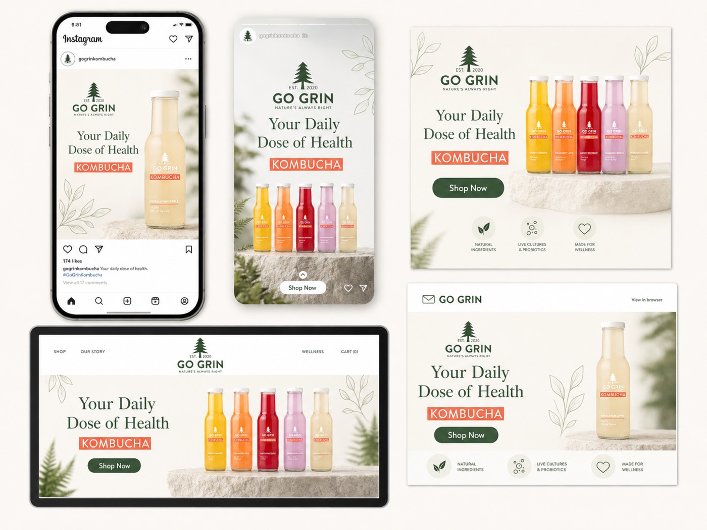 Go Grin digital marketing: website, Instagram and email mockups
