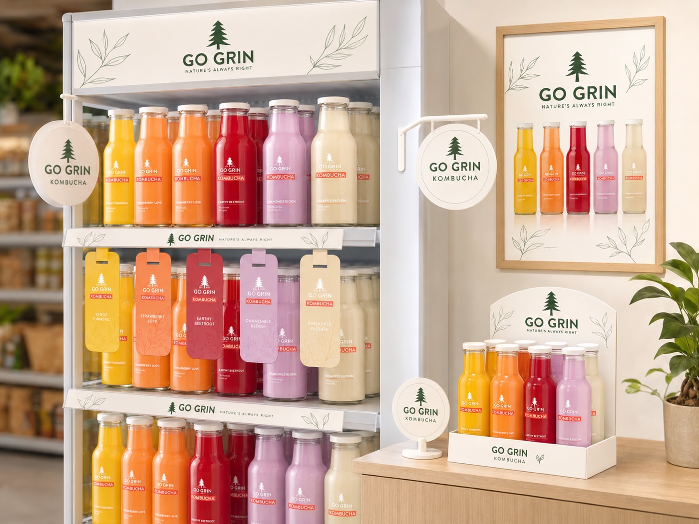Go Grin retail chiller display with shelf talkers