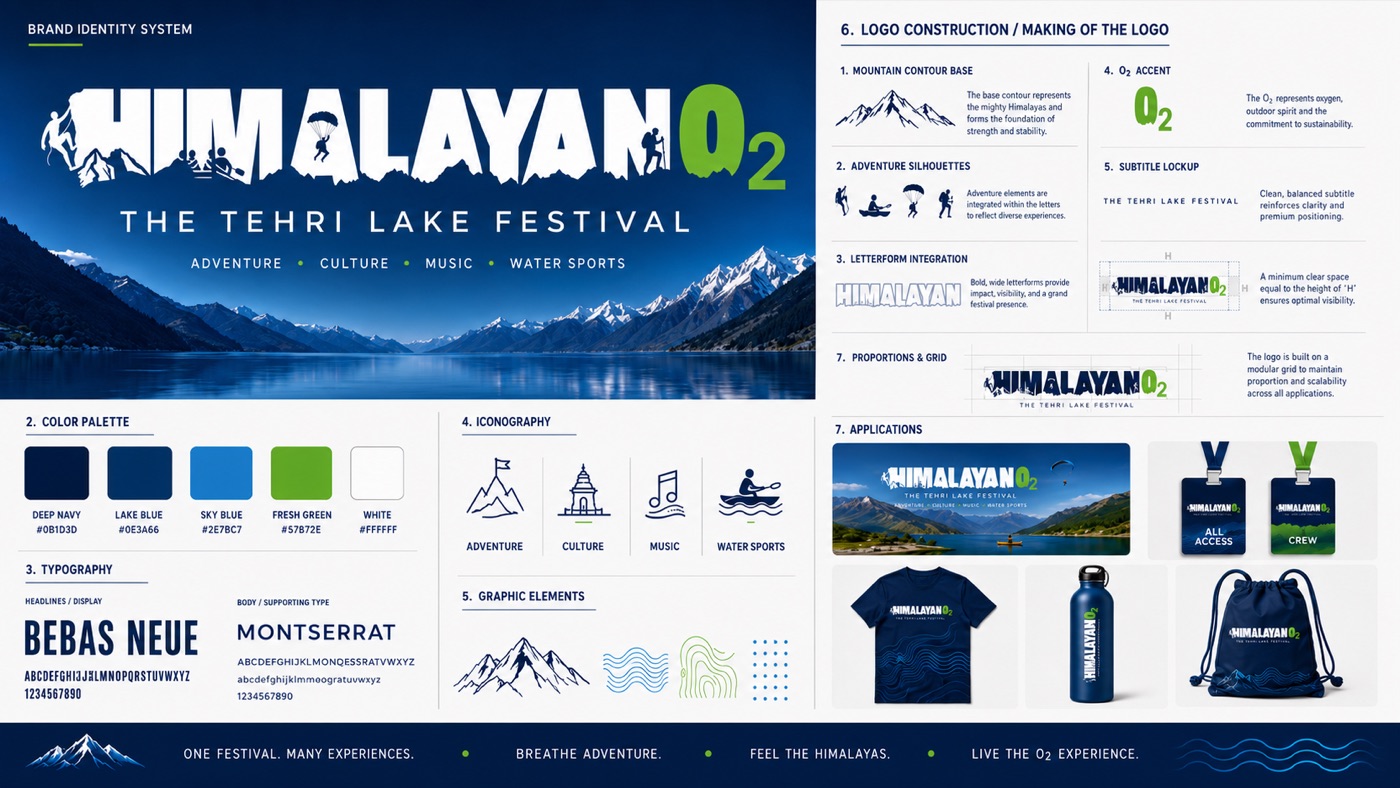 Himalayan O2 brand identity system: logo construction, palette, typography, iconography and applications