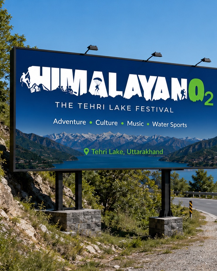 Himalayan O2 — festival billboard on the Tehri lake road
