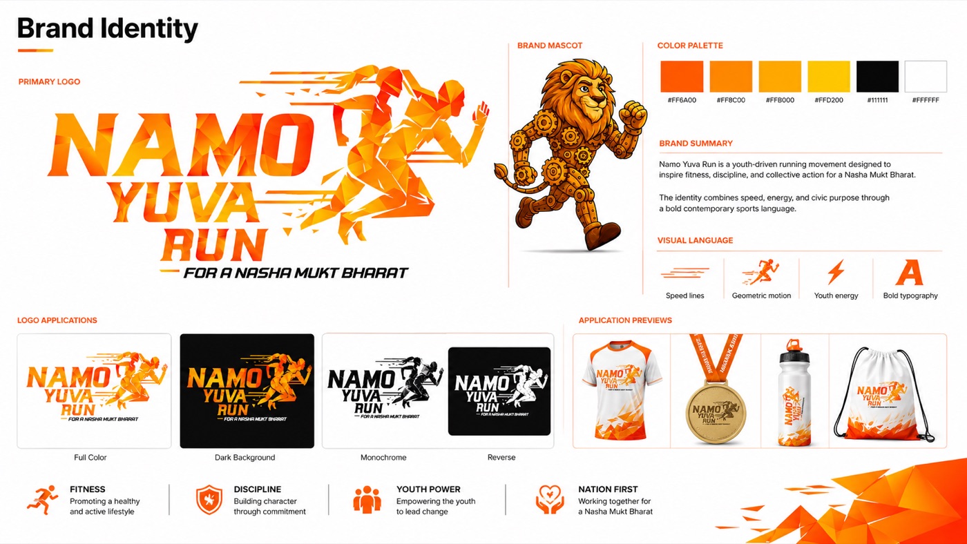 NaMo Yuva Run brand identity guideline board with logo versions, mascot, colour palette and application previews