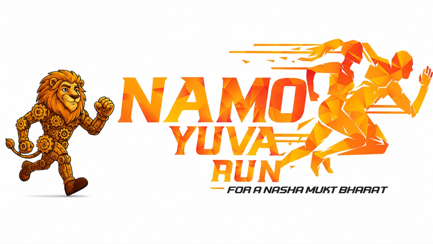 NaMo Yuva Run logo and mascot: gear-built lion beside the geometric runner wordmark, for a Nasha Mukt Bharat