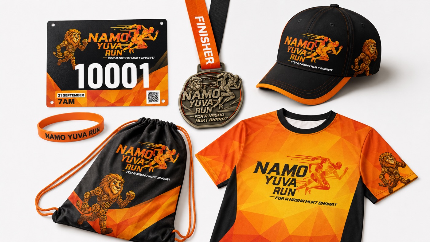 NaMo Yuva Run race kit and merchandise flatlay