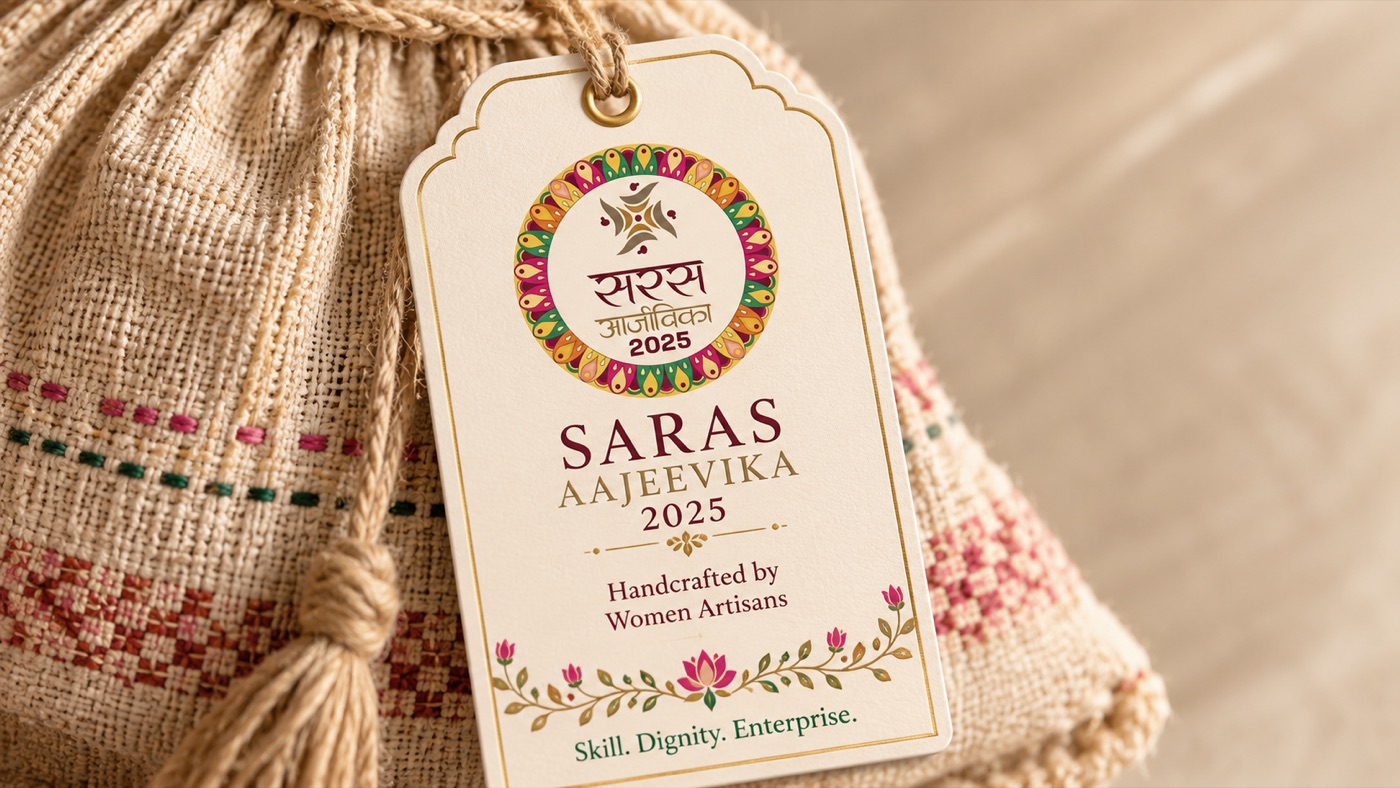 Saras Aajeevika 2025 product tag on a jute bag